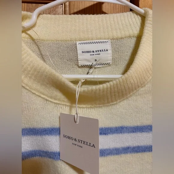 Cozy Striped Cream and Blue Women's Sweater - Picture 3 of 3